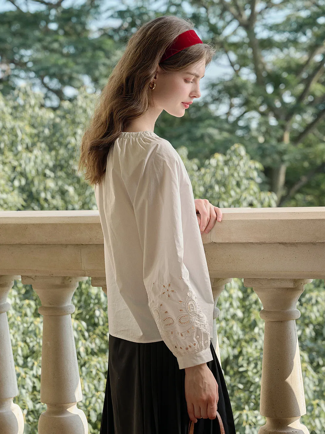 Ariel Lace-up V-neck Hollow Embroidered Cotton Blouse sold by Simple Retro product image thumbnail 3