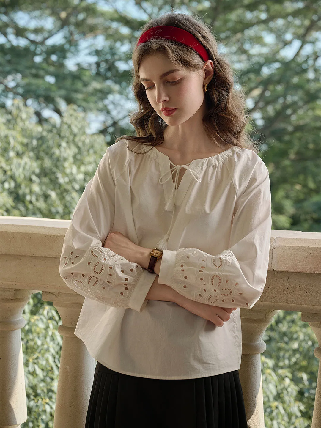 Ariel Lace-up V-neck Hollow Embroidered Cotton Blouse sold by Simple Retro product image thumbnail 2