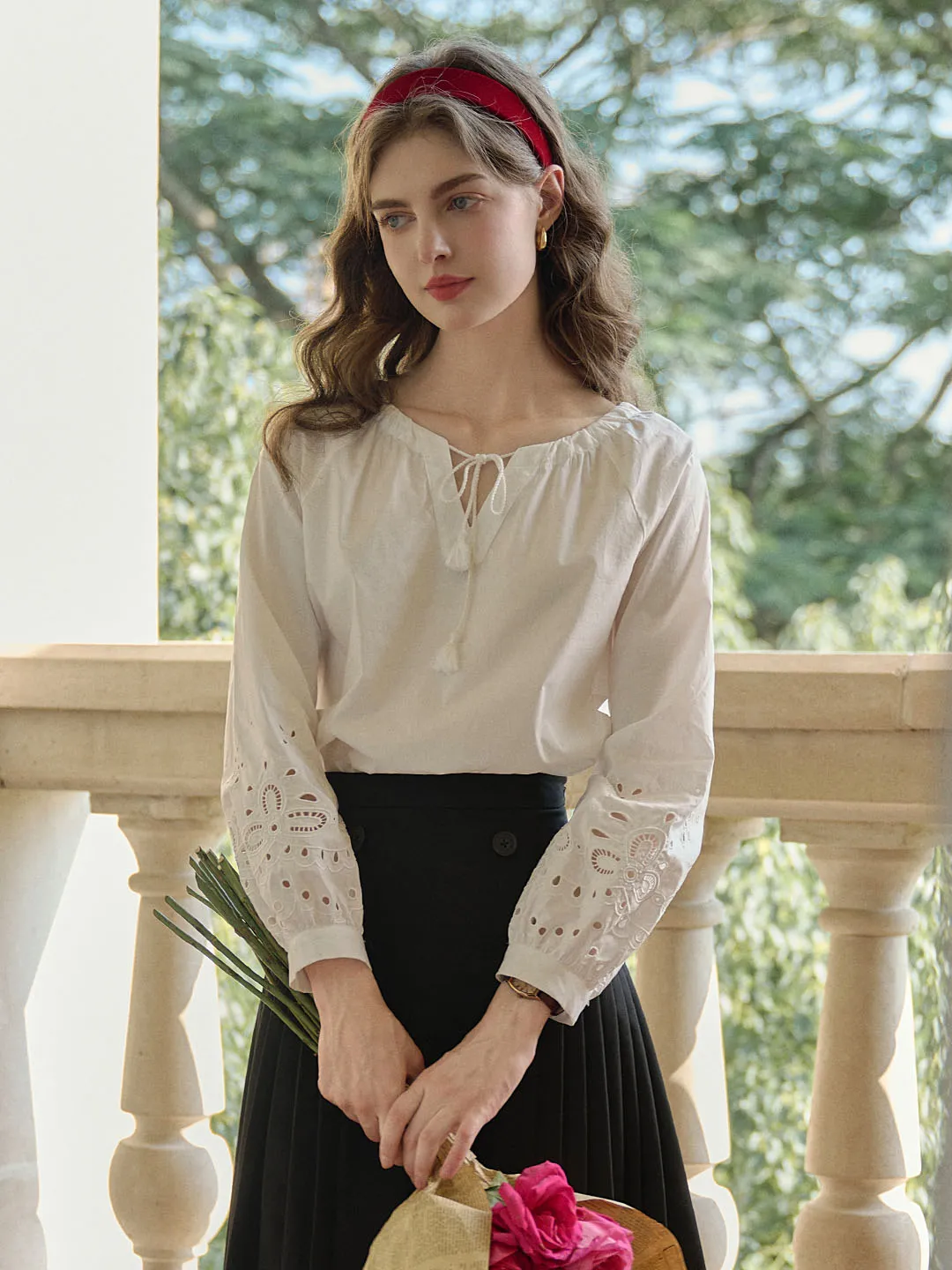 Ariel Lace-up V-neck Hollow Embroidered Cotton Blouse sold by Simple Retro product image thumbnail 4