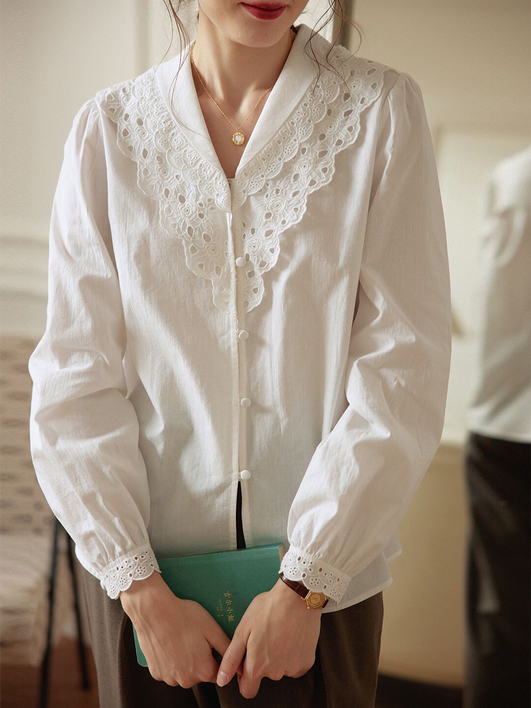 【FINAL SALE】Daria Lace V-neck White Blouse sold by Simple Retro product image thumbnail 3