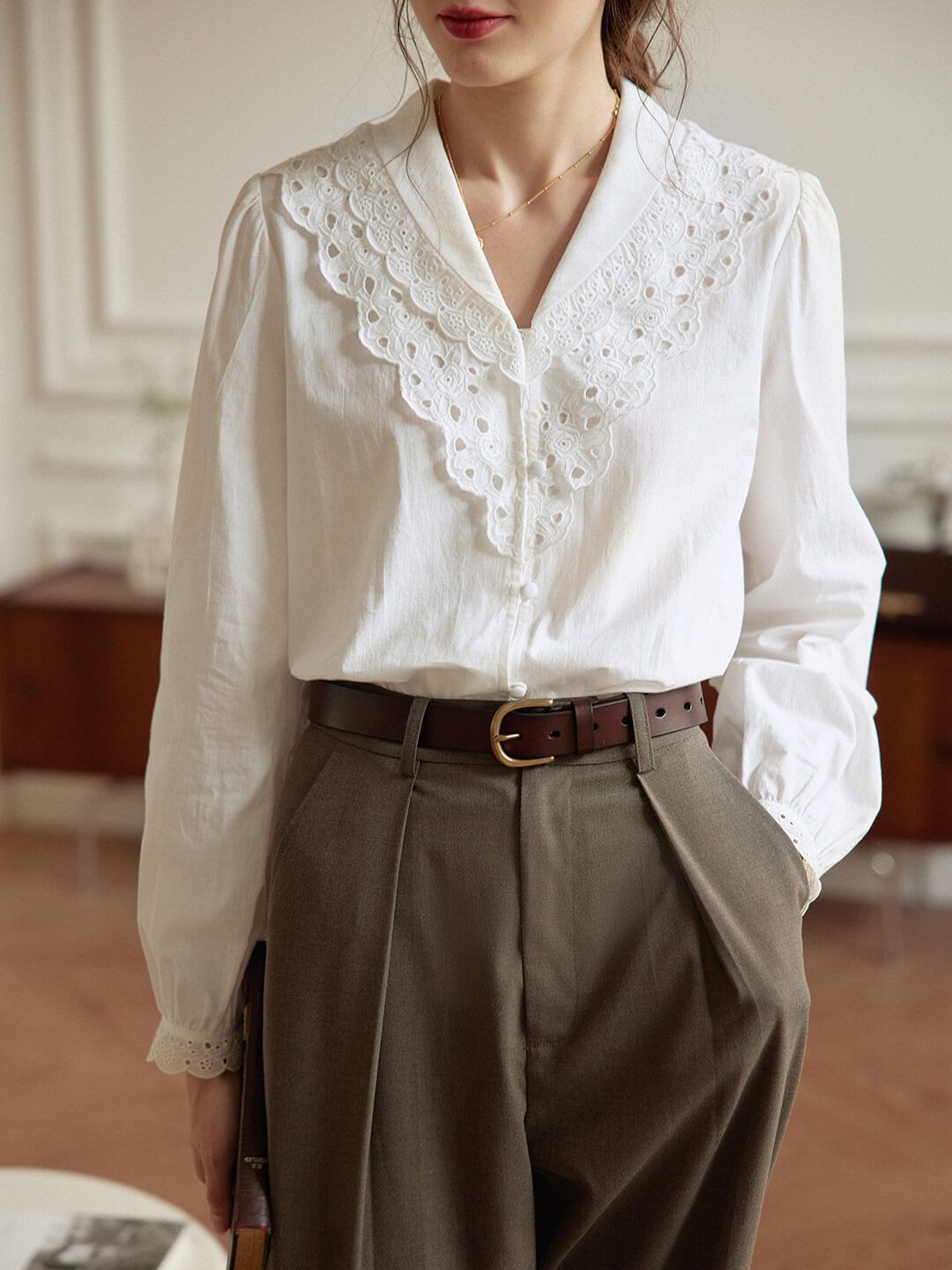 【FINAL SALE】Daria Lace V-neck White Blouse sold by Simple Retro product image thumbnail 4