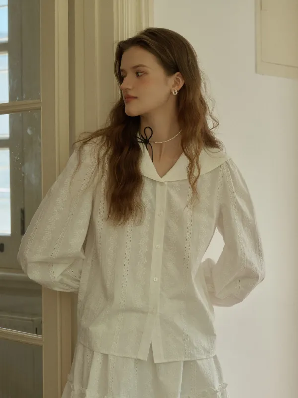 Aliza French Navy Collar Floral Embroidery Lantern Sleeve Cotton Blouse sold by Simple Retro