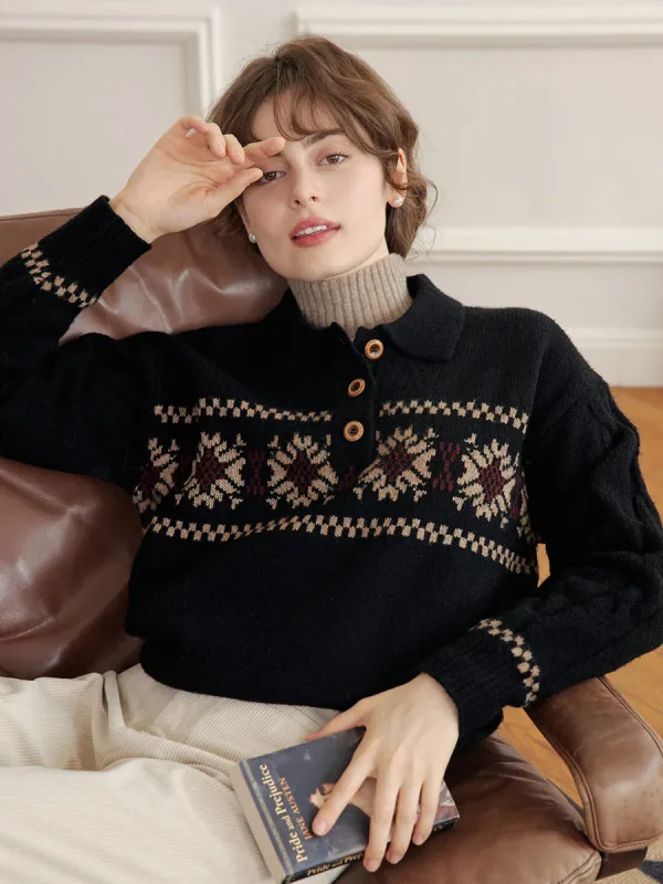 Norah Snowflake Jacquard Polo Fair Isle Knit Sweater sold by Simple Retro