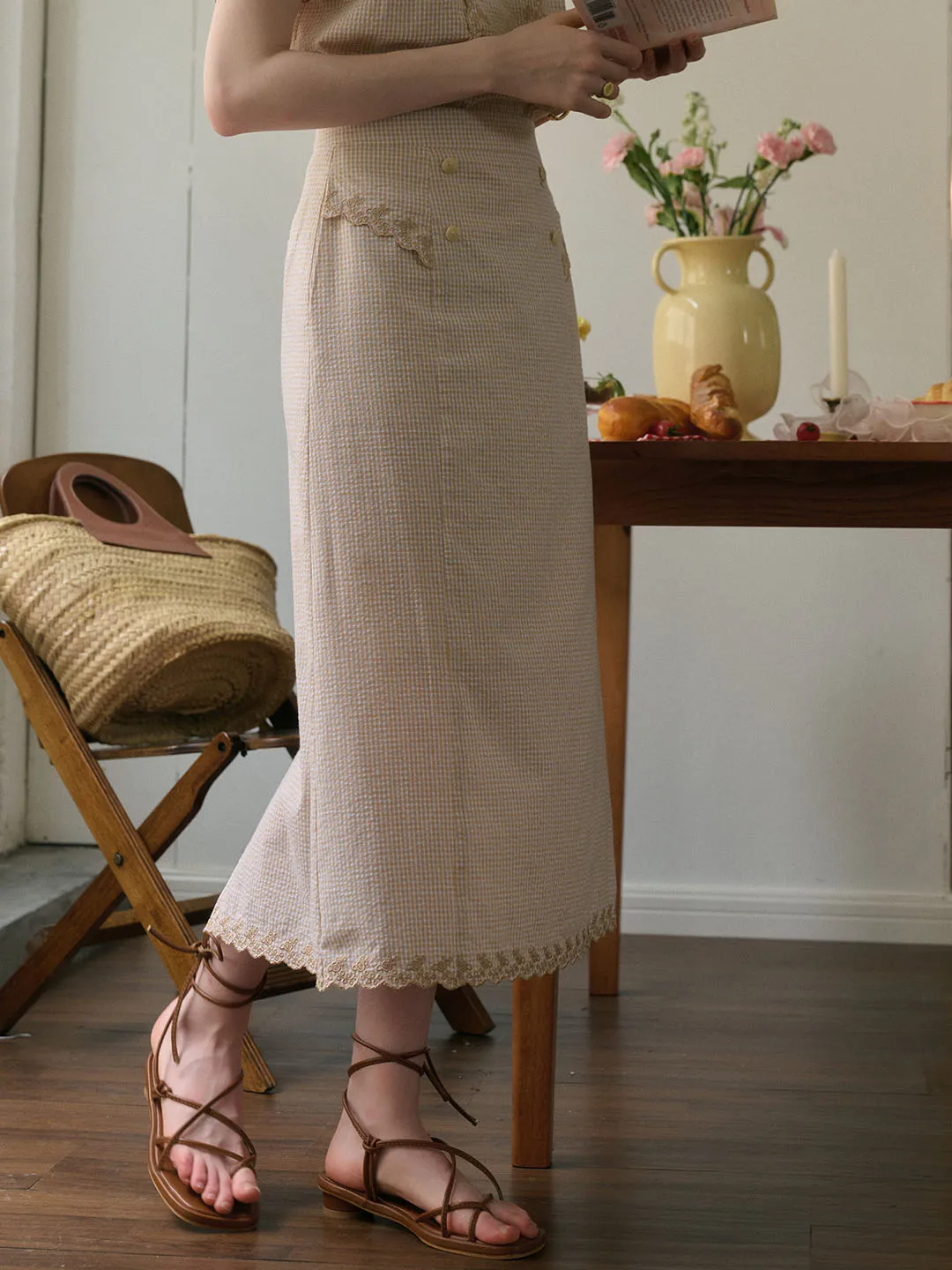 Briana Double Breasted Buttons Wavy Embroidered Checked Cotton Skirt sold by Simple Retro product image thumbnail 3