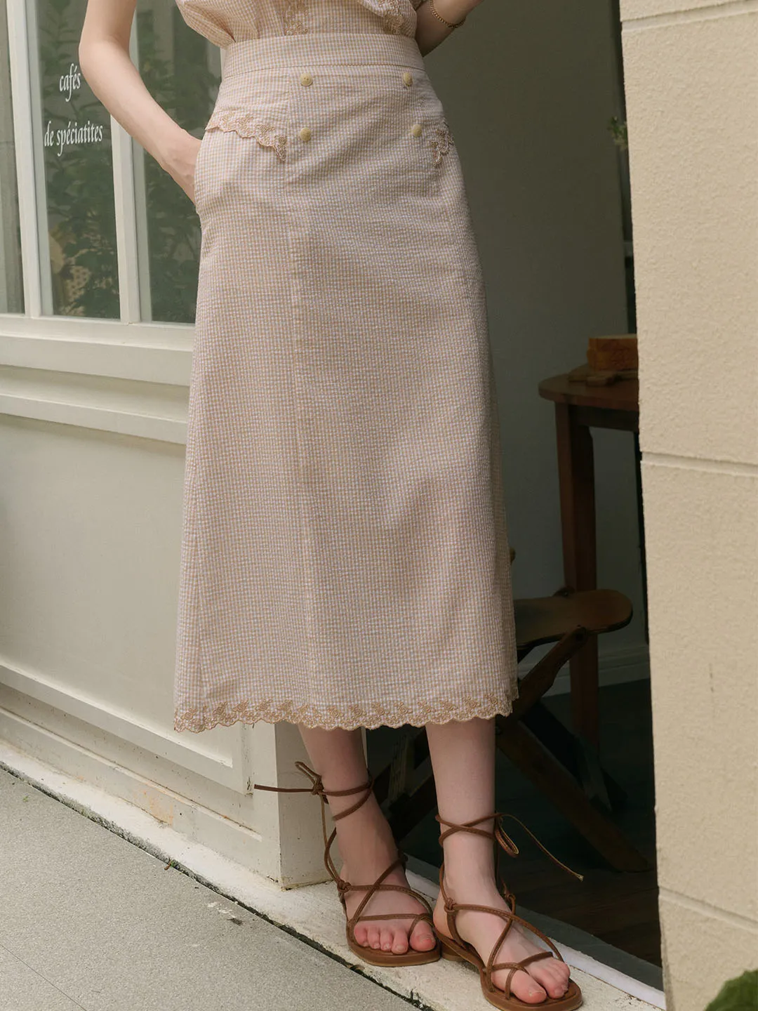 Briana Double Breasted Buttons Wavy Embroidered Checked Cotton Skirt sold by Simple Retro