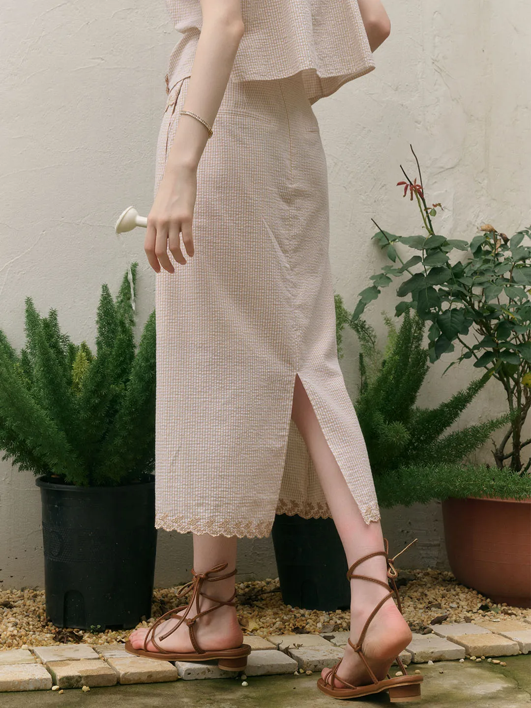 Briana Double Breasted Buttons Wavy Embroidered Checked Cotton Skirt sold by Simple Retro product image thumbnail 2