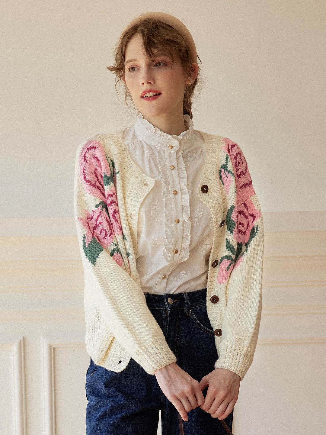 Noemi Rose Jacquard White Knit Cardigan sold by Simple Retro product image thumbnail 4
