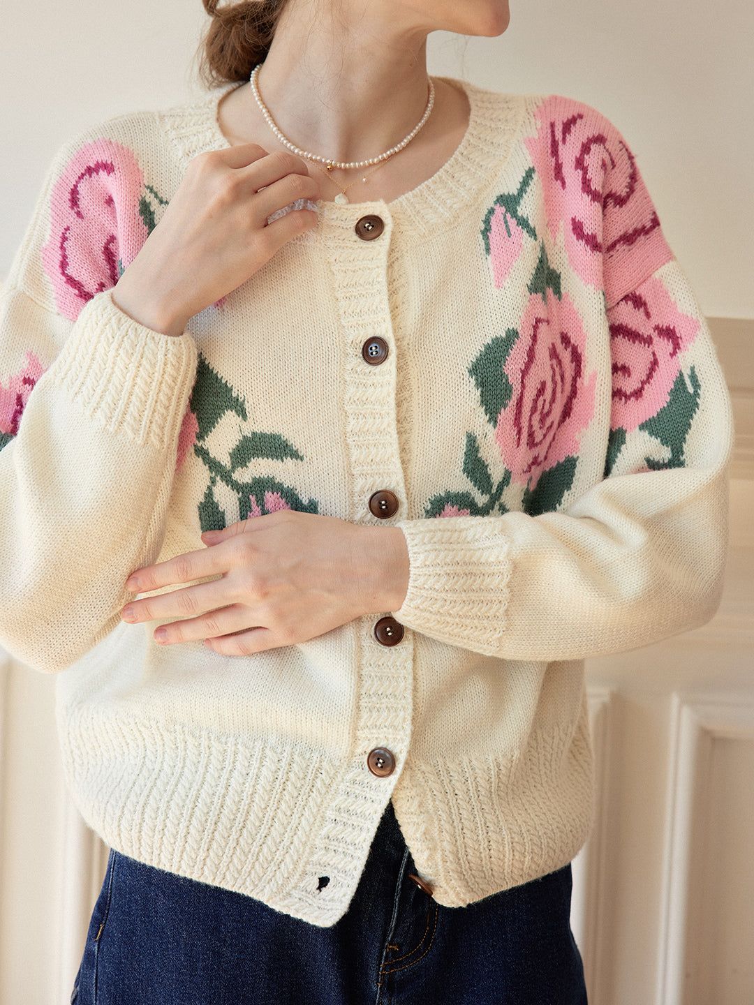 Noemi Rose Jacquard White Knit Cardigan sold by Simple Retro product image thumbnail 5
