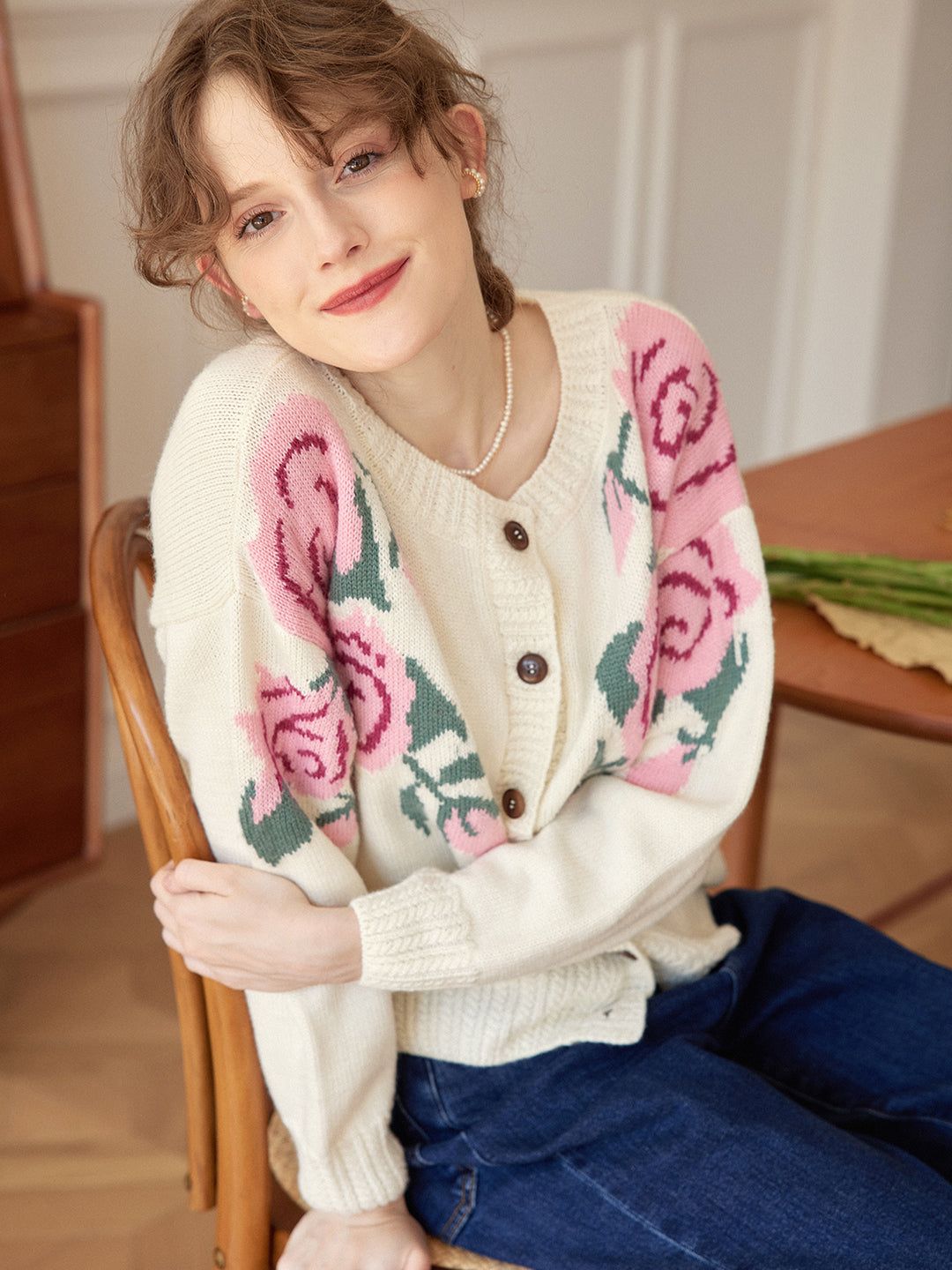 Noemi Rose Jacquard White Knit Cardigan sold by Simple Retro product image thumbnail 3