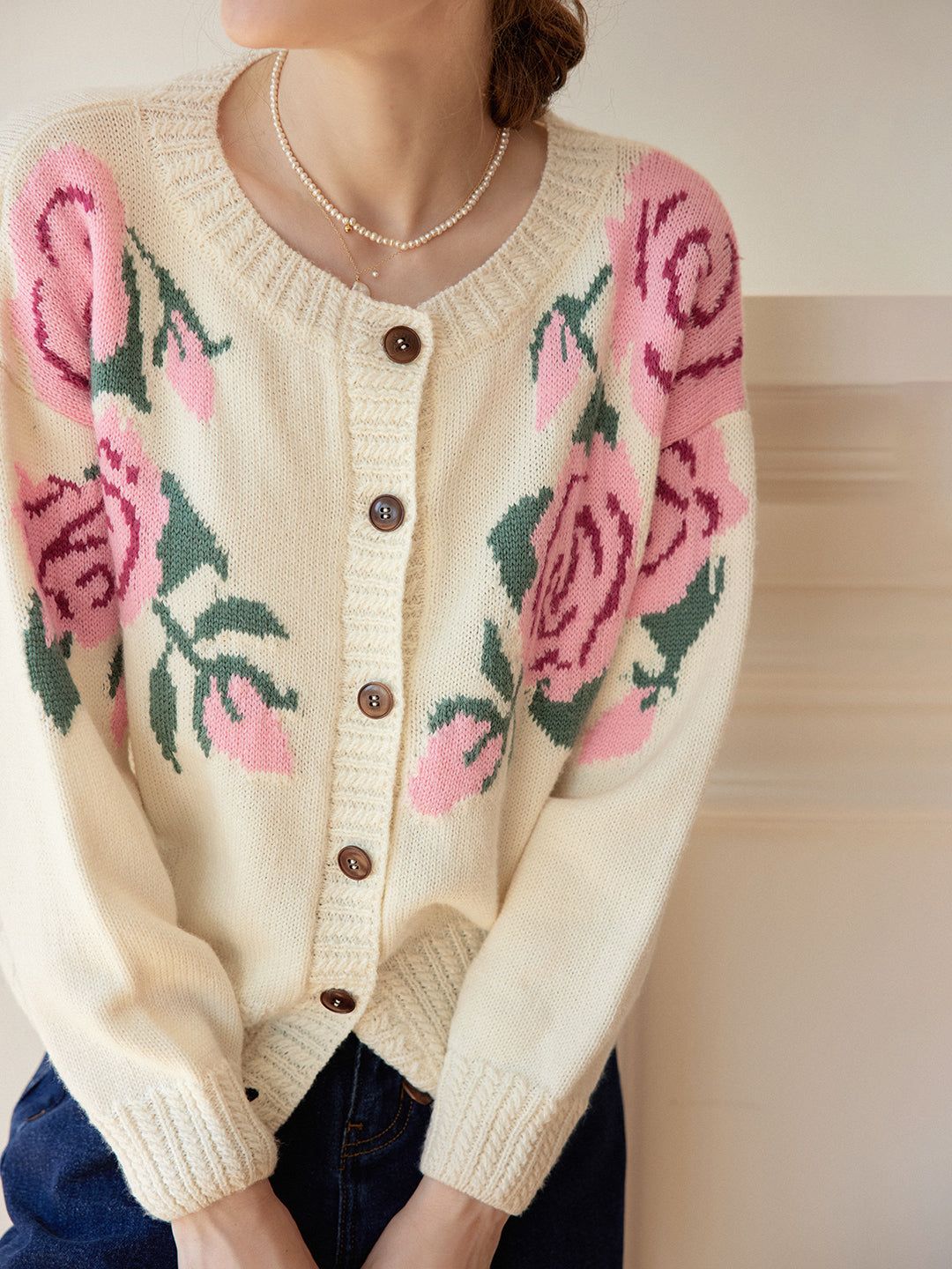 Noemi Rose Jacquard White Knit Cardigan sold by Simple Retro product image thumbnail 2