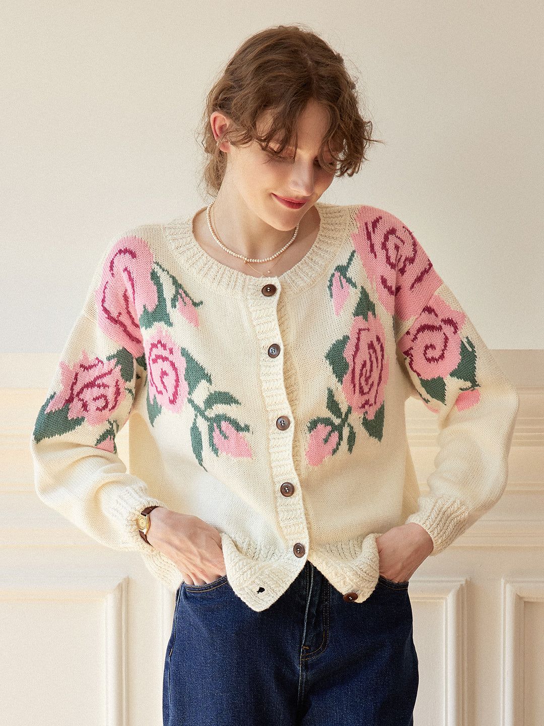 Noemi Rose Jacquard White Knit Cardigan sold by Simple Retro