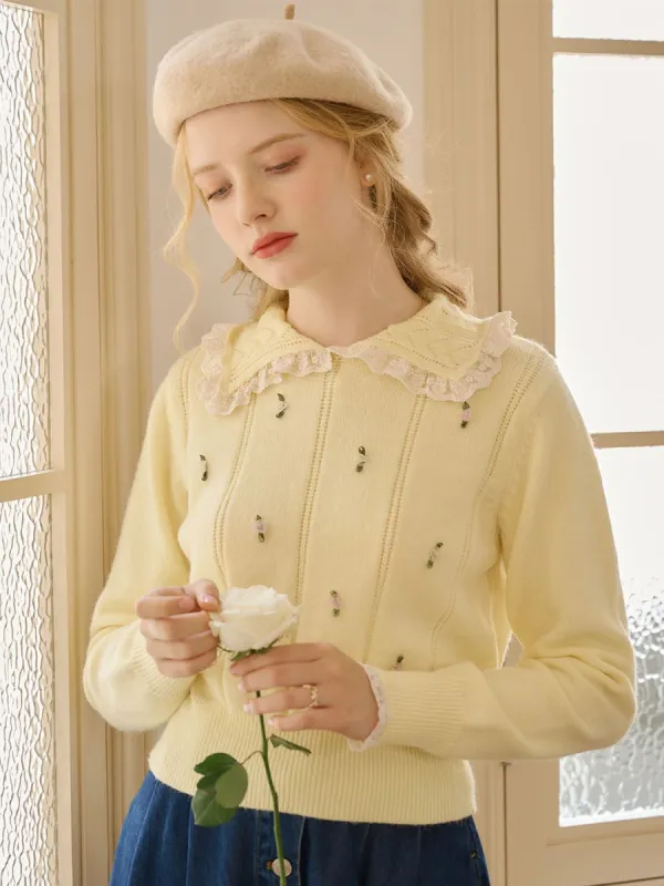 Piper Floral Patched Frill Trim Sweater sold by Simple Retro