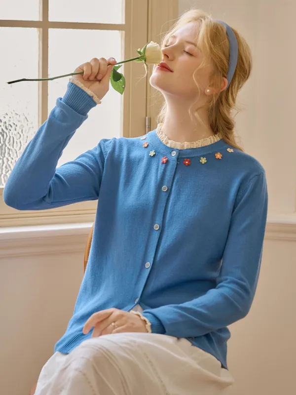 Eva Classic Crew Neck Colorful Rose Knit Cardigan sold by Simple Retro