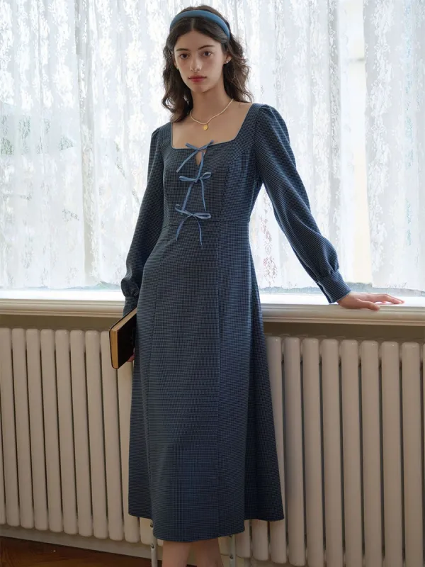 Lyla Gingham Print Bow Front Square Neck Lantern Sleeve Dress sold by Simple Retro