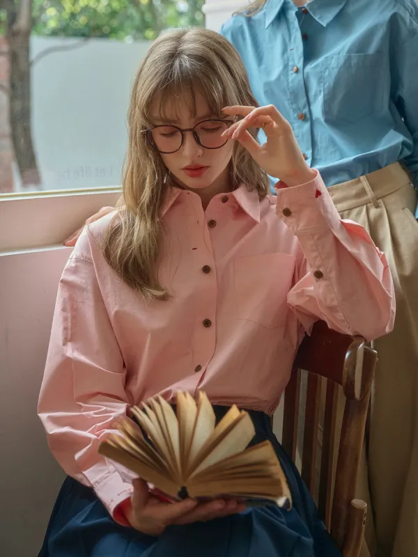 Claire Simple Lapel Pocket Blouse - Pink made by Simple Retro