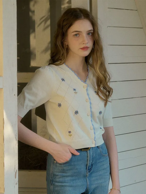 Adelyn Contrast Trim Floral Embroidered Cardigan sold by Simple Retro