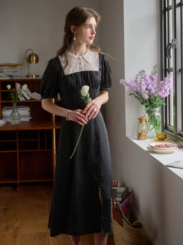 Blair Shirt Collar Lace Splice Polka Dot Dress sold by Simple Retro