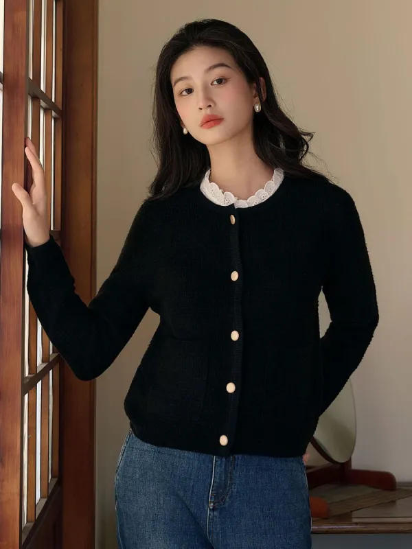 Emerson Classic Crew Neck Pocket Knitted Cardigan-Black sold by Simple Retro