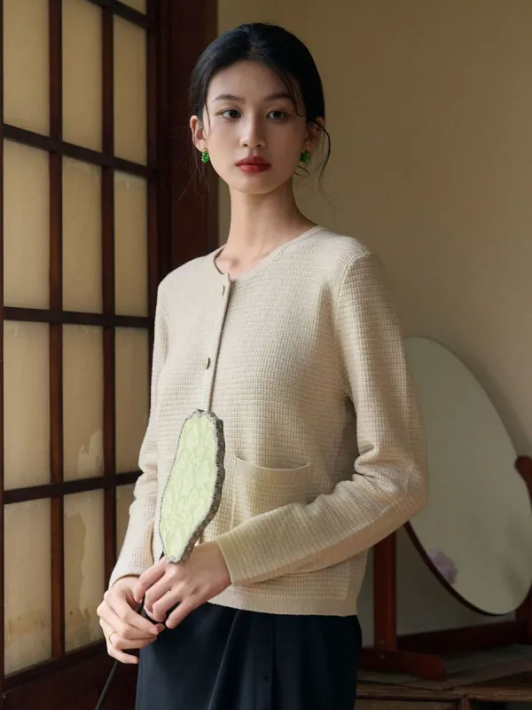 Emerson Classic Crew Neck Pocket Knitted Cardigan-Apricot sold by Simple Retro