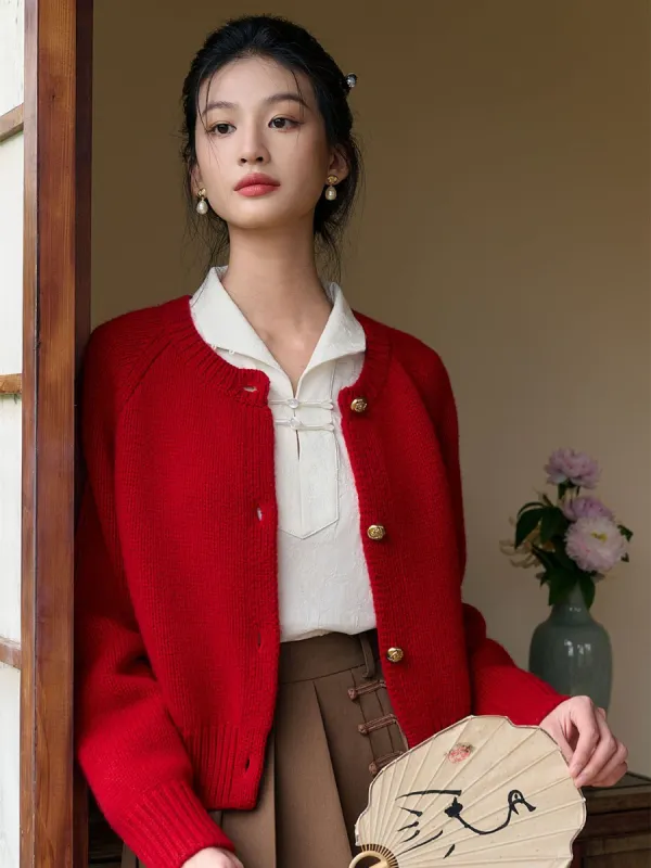 Eliana Retro Crew Neck 100% Wool Sweater Cardigan-Red sold by Simple Retro