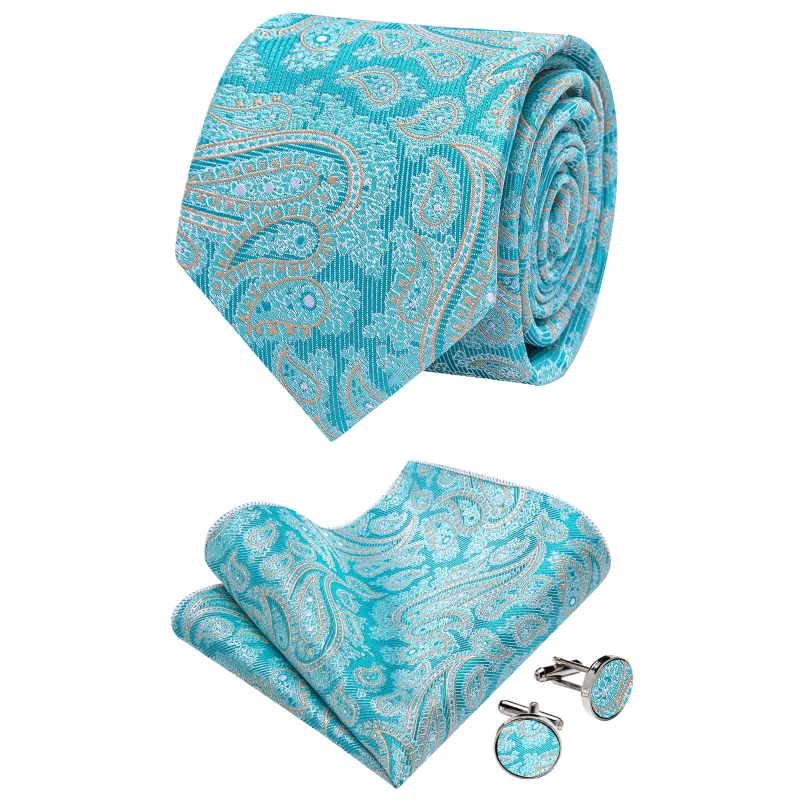 72H Sale Teal Paisley Necktie Pocket Square Cufflinks Set for Party sold by Ties2You