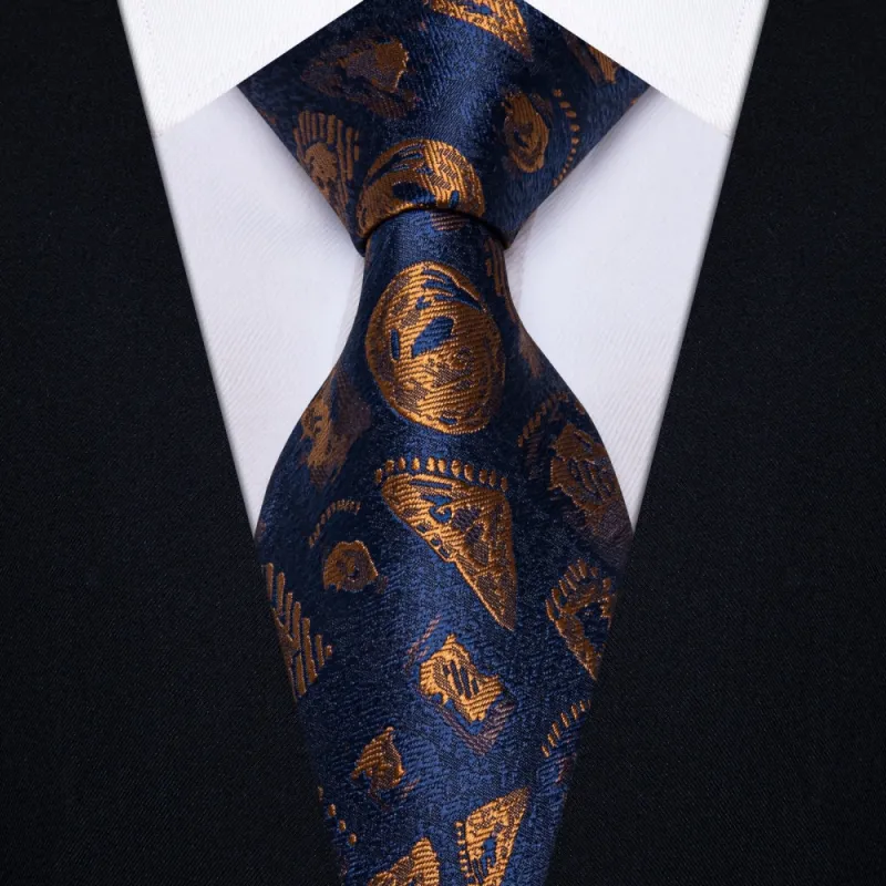 72H Sale Navy Blue Necktie Brown Jacquard Men Tie Hanky Cufflinks Set sold by Ties2You