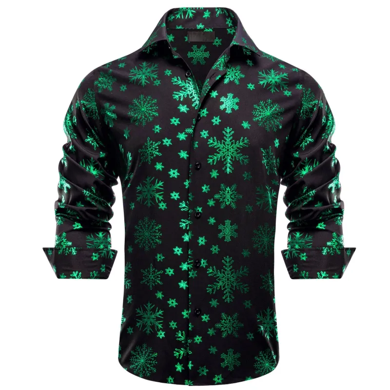 Ties2you Christmas Shirt Black Dark Green Snowflake Novelty Men's Long Sleeve Shirt sold by Ties2You
