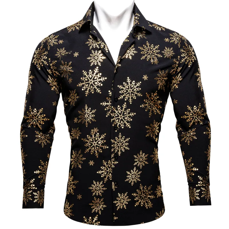 Christmas Black with Golden Snowflake Floral Men's Long Sleeve Shirt sold by Ties2You
