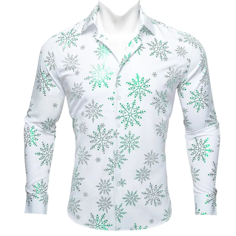 Christmas White with Green Snowflake Floral Men's Long Sleeve Shirt sold by Ties2You