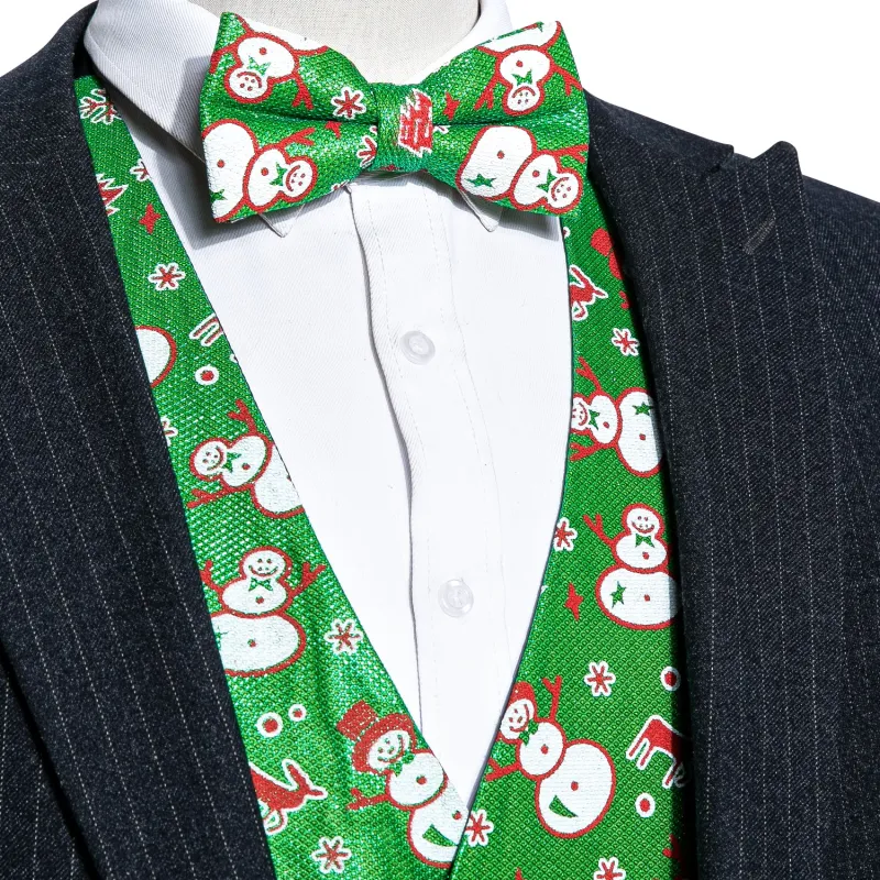 Christmas Green Snow Man Novelty Silk Men's Vest Bow Tie Set Waistcoat Suit Set made by Ties2You