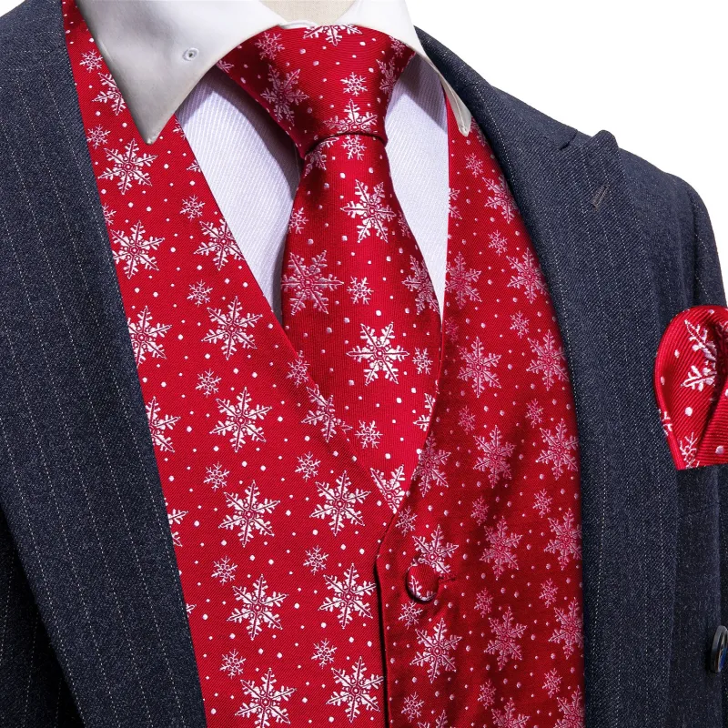 Christmas Red Snowflake Novelty Jacquard Silk Men's Vest Hanky Cufflinks Tie Set sold by Ties2You