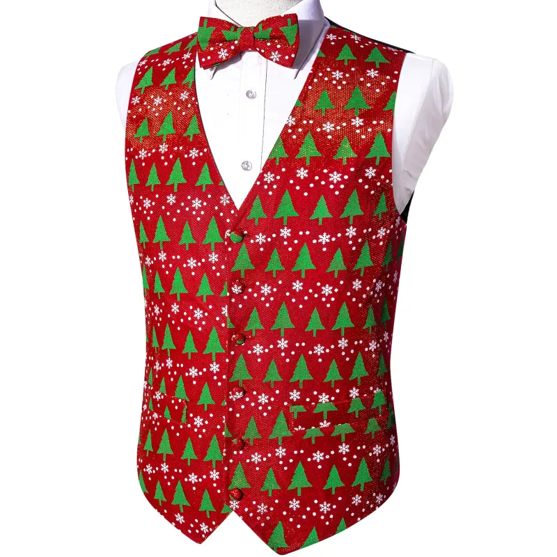 Christmas Red Green Xmas Tree Novelty Jacquard Silk Men's Vest Bow Tie Set Waistcoat Suit Set sold by Ties2You