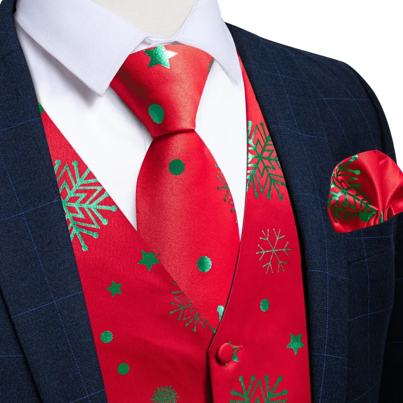 Christmas Red Green Pattern Novelty Jacquard Silk Men's Vest Hanky Cufflinks Tie Set sold by Ties2You