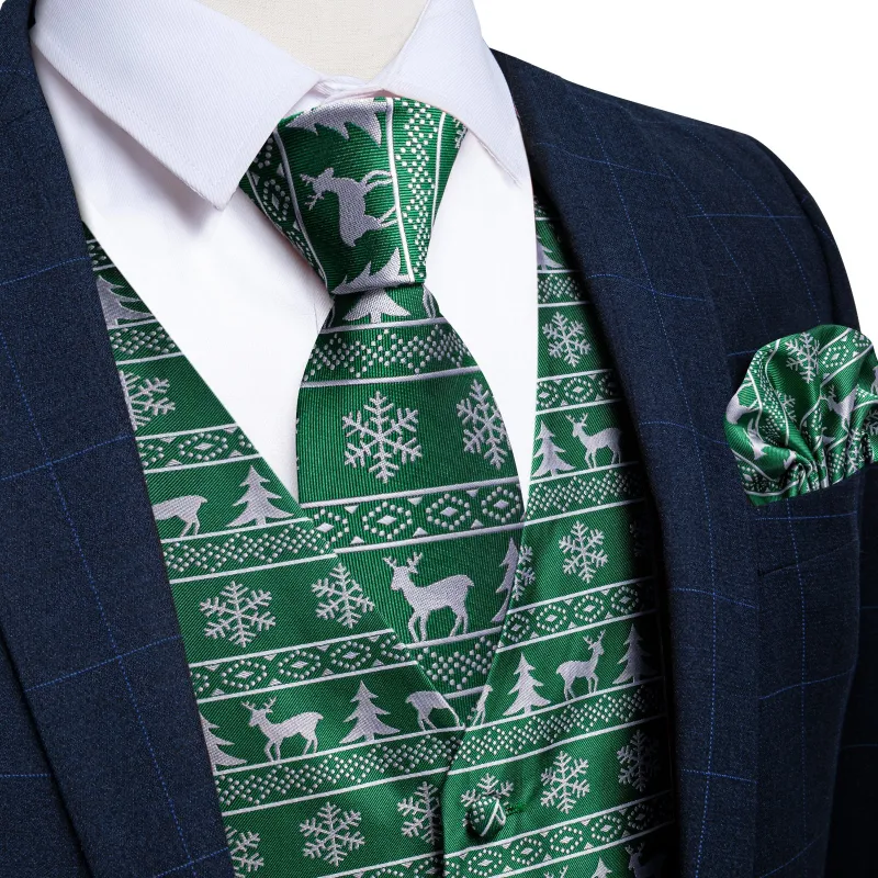 Christmas Green White Elk Novelty Jacquard Silk Men's Vest Hanky Cufflinks Tie Set sold by Ties2You
