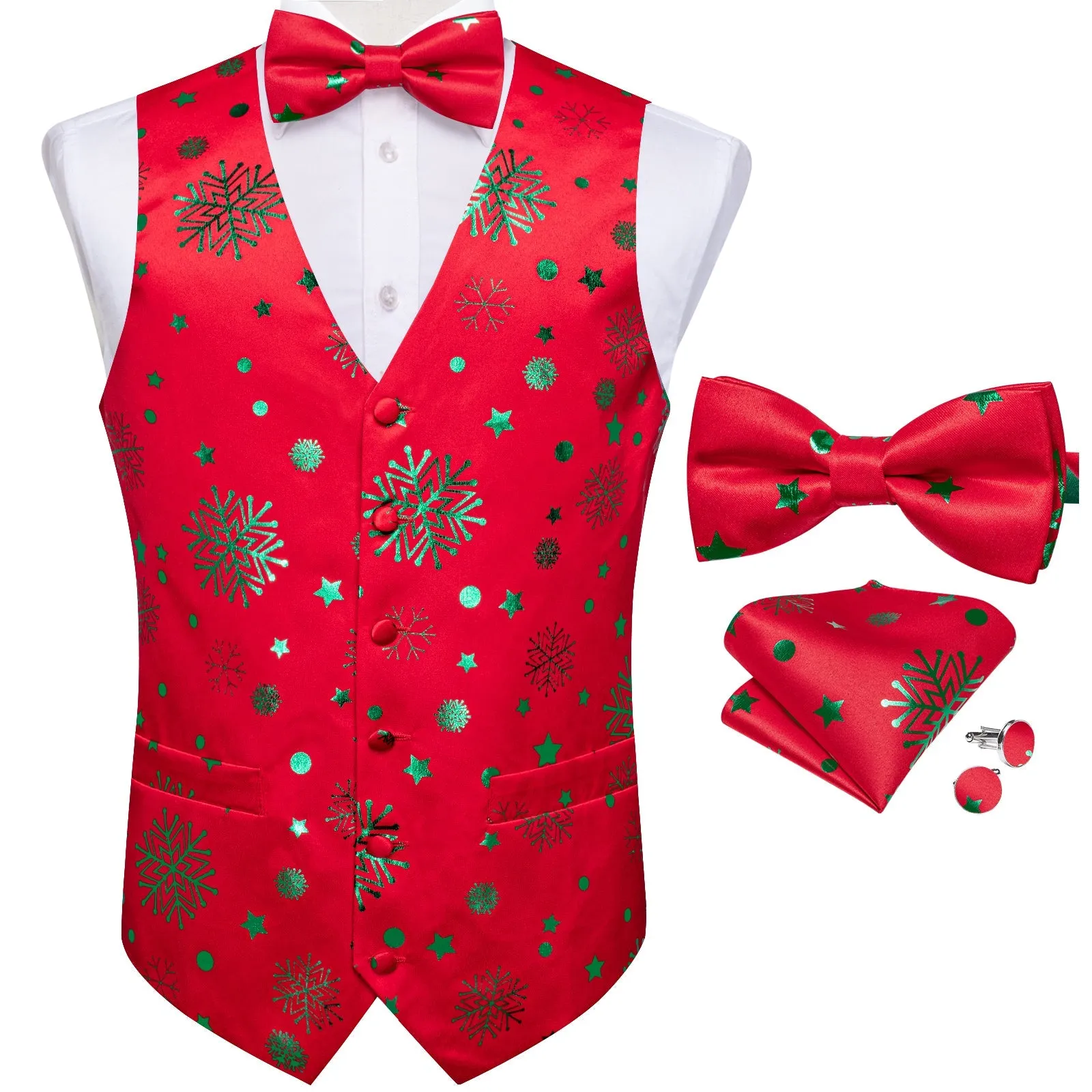 Christmas Red Green Pattern Novelty Jacquard Silk Men's Vest Bow Tie Handkerchief Cufflinks Set Waistcoat Suit Set sold by Ties2You product image thumbnail 5