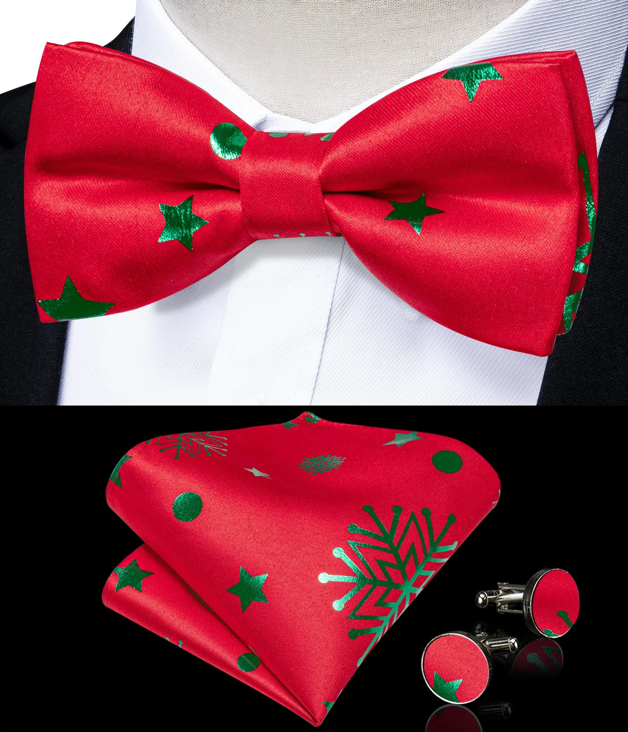 Christmas Red Green Pattern Novelty Jacquard Silk Men's Vest Bow Tie Handkerchief Cufflinks Set Waistcoat Suit Set sold by Ties2You product image thumbnail 2