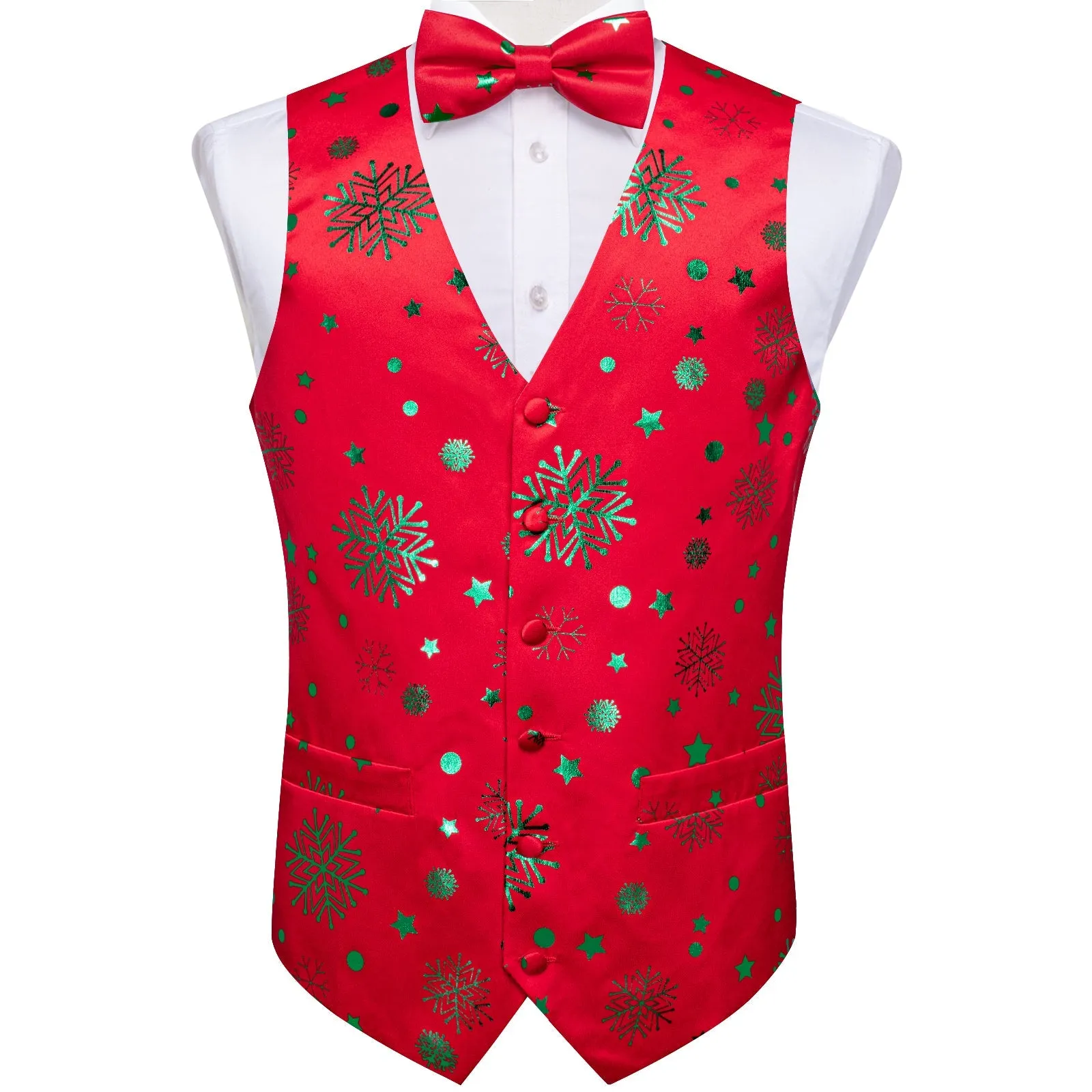 Christmas Red Green Pattern Novelty Jacquard Silk Men's Vest Bow Tie Handkerchief Cufflinks Set Waistcoat Suit Set sold by Ties2You product image thumbnail 3