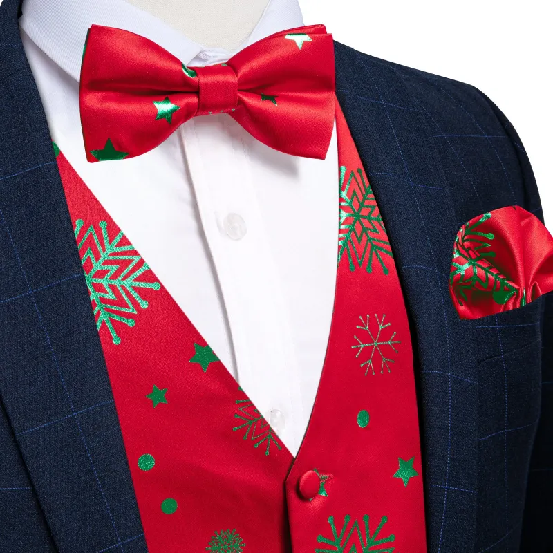 Christmas Red Green Pattern Novelty Jacquard Silk Men's Vest Bow Tie Handkerchief Cufflinks Set Waistcoat Suit Set sold by Ties2You