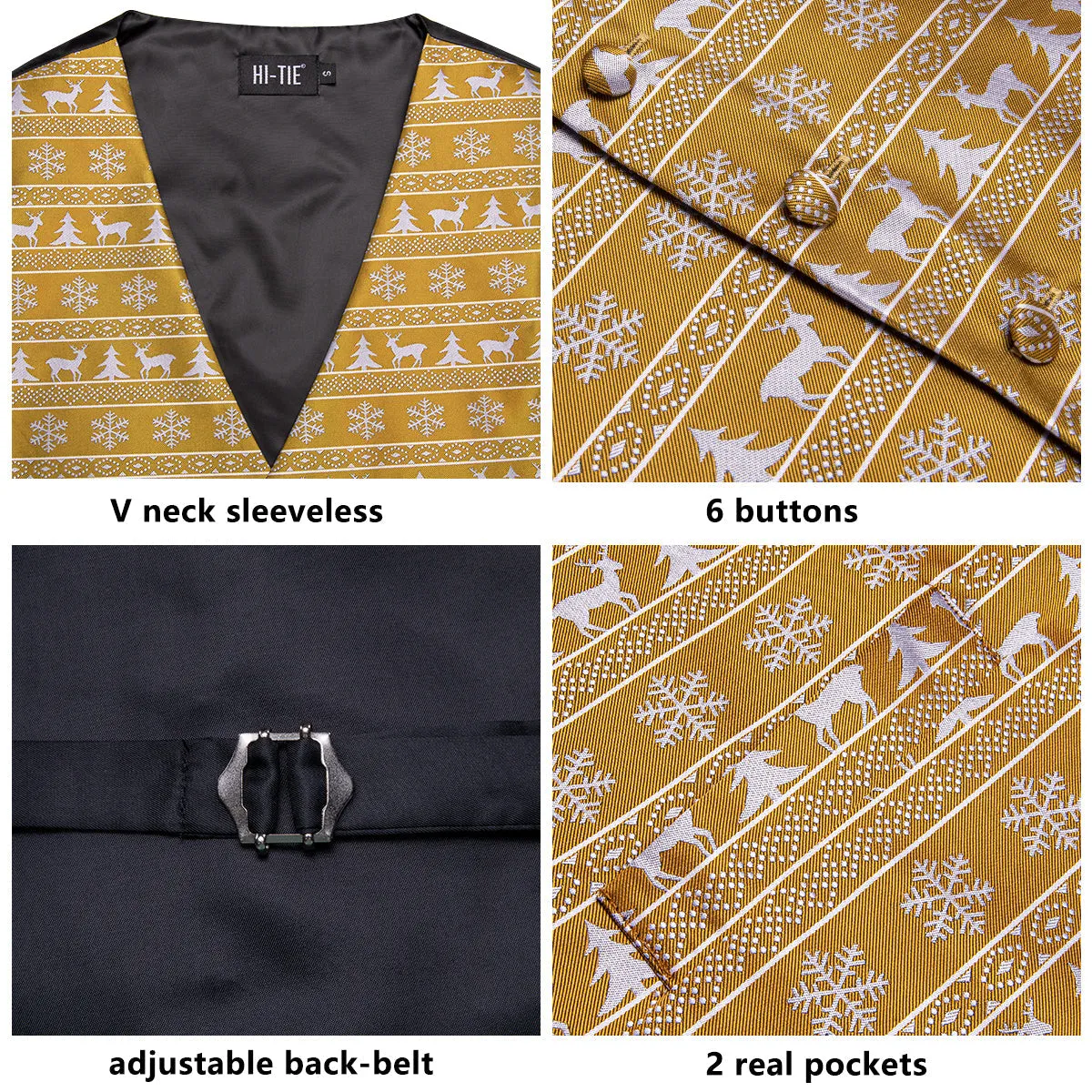 GoldEnrod White Christmas Deer Novelty Jacquard Silk Men's Vest Hanky Cufflinks Tie Set sold by Ties2You product image thumbnail 4