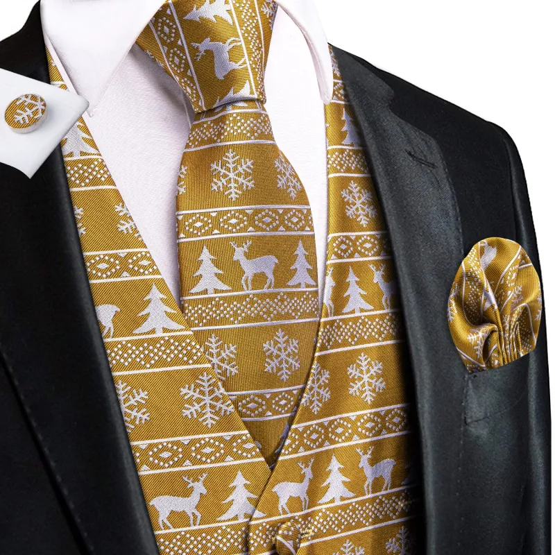 GoldEnrod White Christmas Deer Novelty Jacquard Silk Men's Vest Hanky Cufflinks Tie Set sold by Ties2You