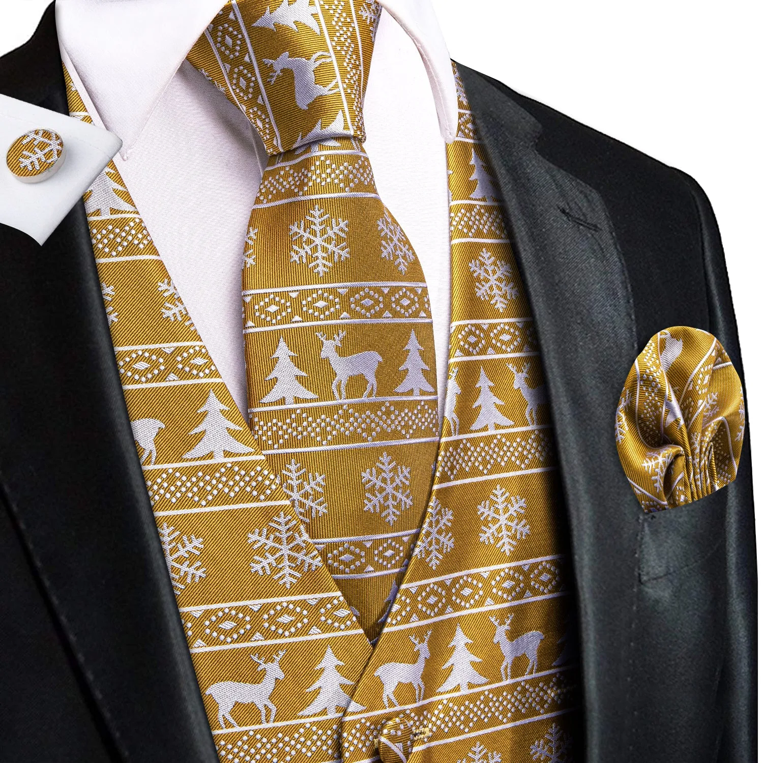 GoldEnrod White Christmas Deer Novelty Jacquard Silk Men's Vest Hanky Cufflinks Tie Set sold by Ties2You
