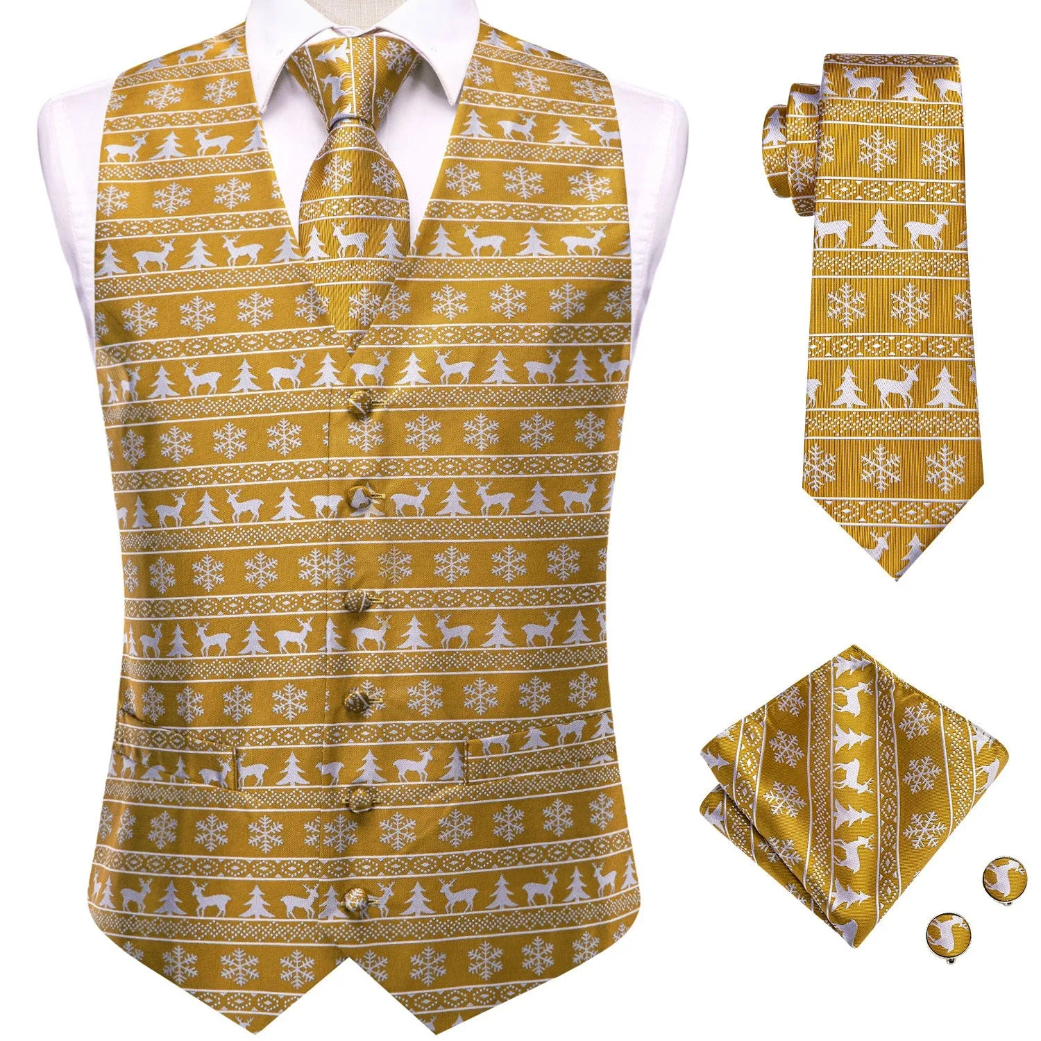 GoldEnrod White Christmas Deer Novelty Jacquard Silk Men's Vest Hanky Cufflinks Tie Set sold by Ties2You product image thumbnail 3