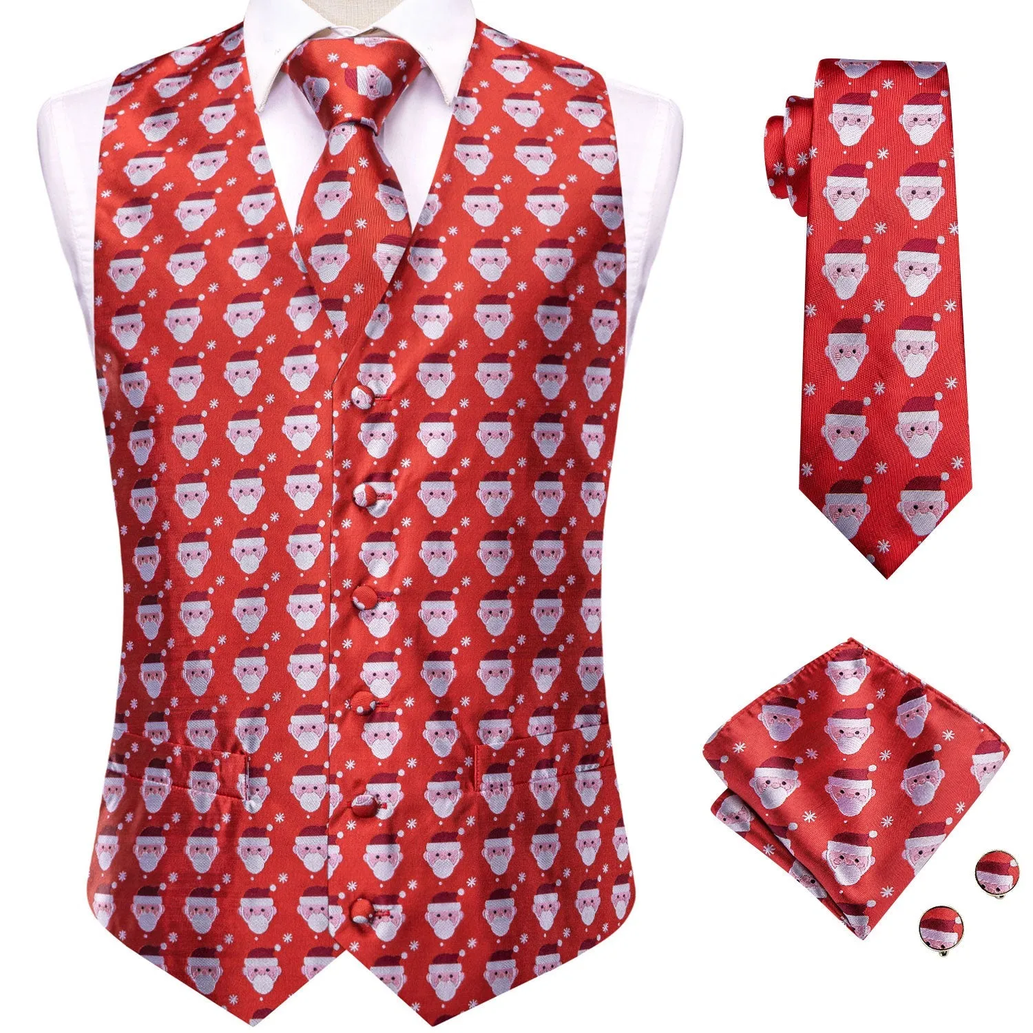 Red White Christmas Santa Claus Novelty Jacquard Silk Men's Vest Hanky Cufflinks Tie Set sold by Ties2You product image thumbnail 3