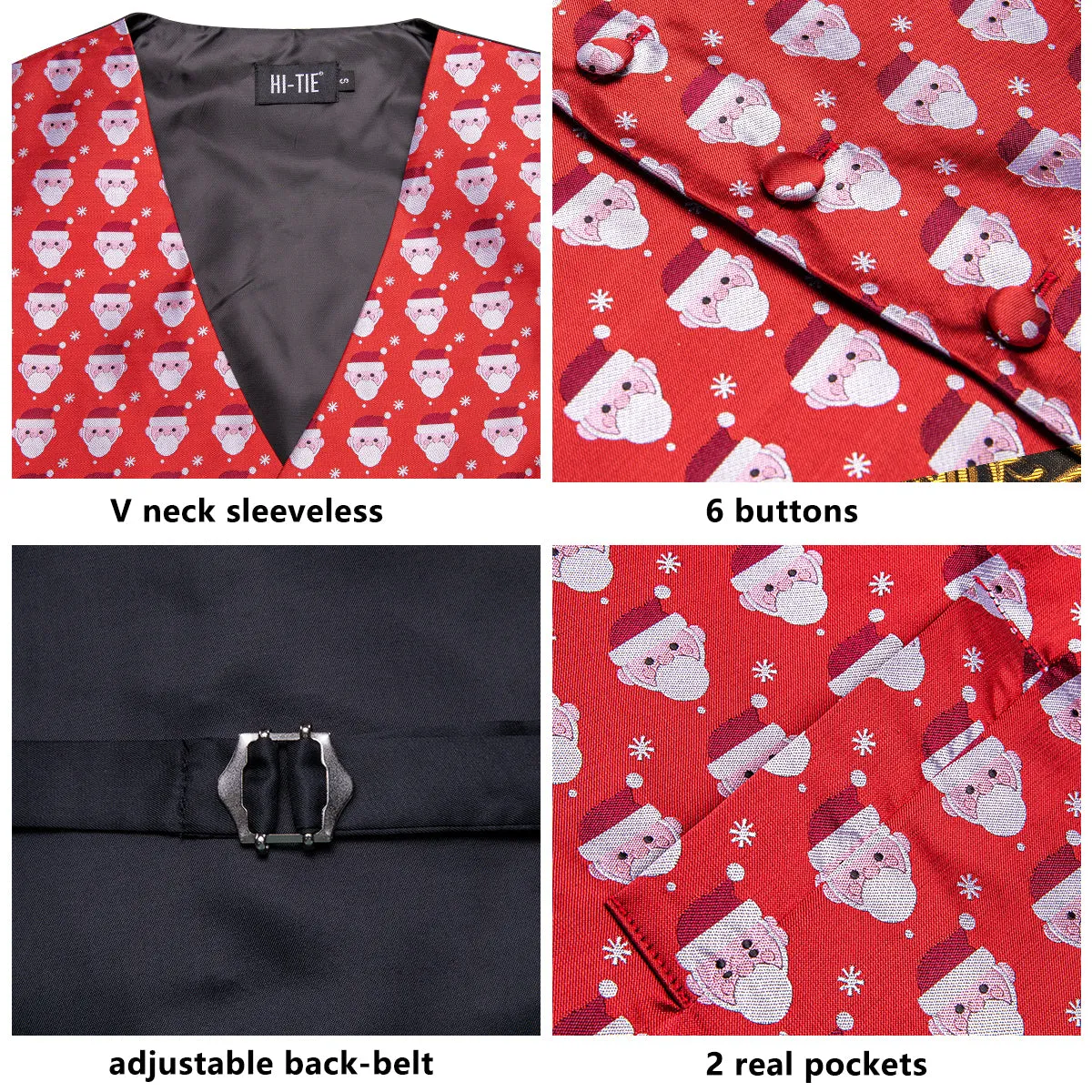 Red White Christmas Santa Claus Novelty Jacquard Silk Men's Vest Hanky Cufflinks Tie Set sold by Ties2You product image thumbnail 4