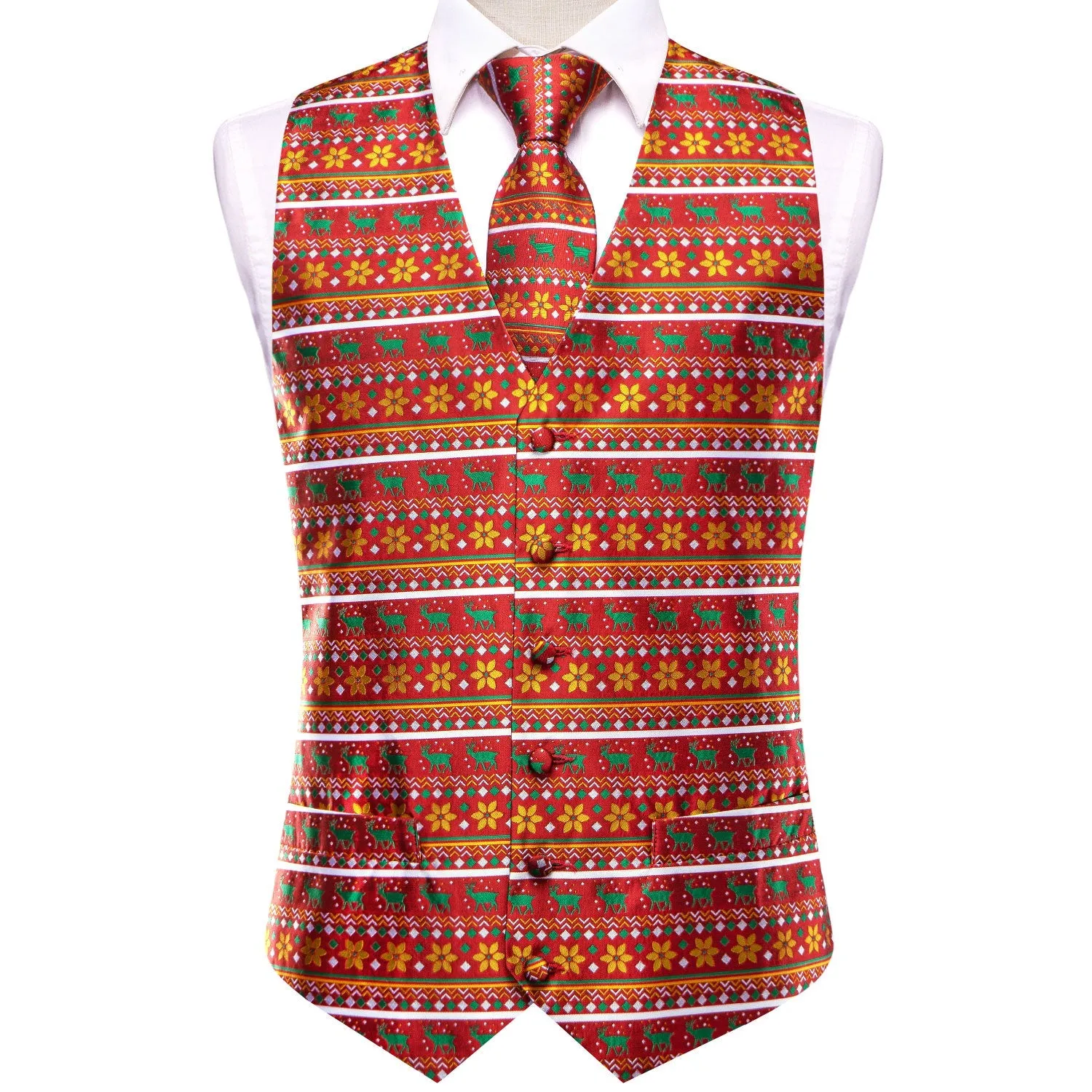 Red Orange Christmas Green Deer Novelty Jacquard Silk Men's Vest Hanky Cufflinks Tie Set sold by Ties2You product image thumbnail 2