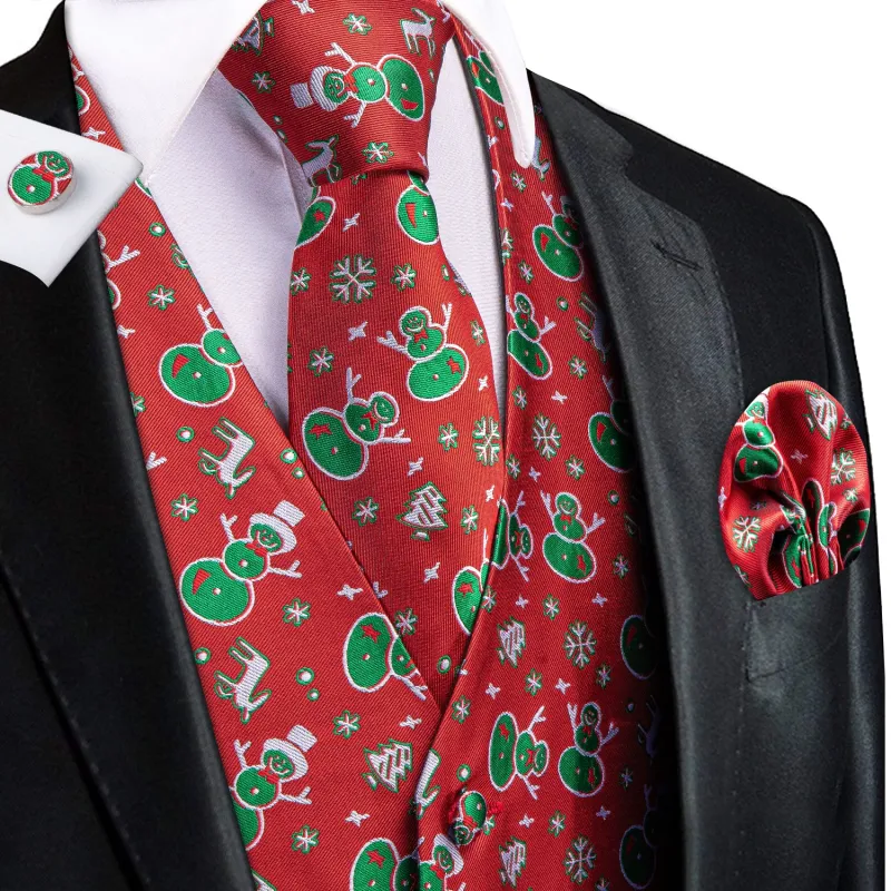 Red Christmas Green Snowman Novelty Jacquard Silk Men's Vest Hanky Cufflinks Tie Set sold by Ties2You