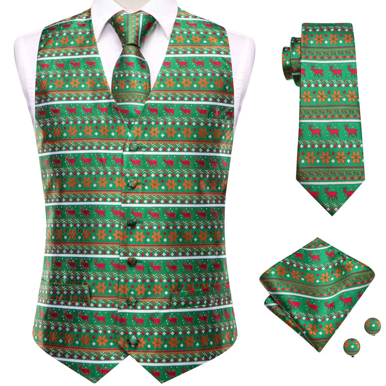 Green Orange Christmas Red Deer Novelty Jacquard Silk Men's Vest Hanky Cufflinks Tie Set sold by Ties2You product image thumbnail 3