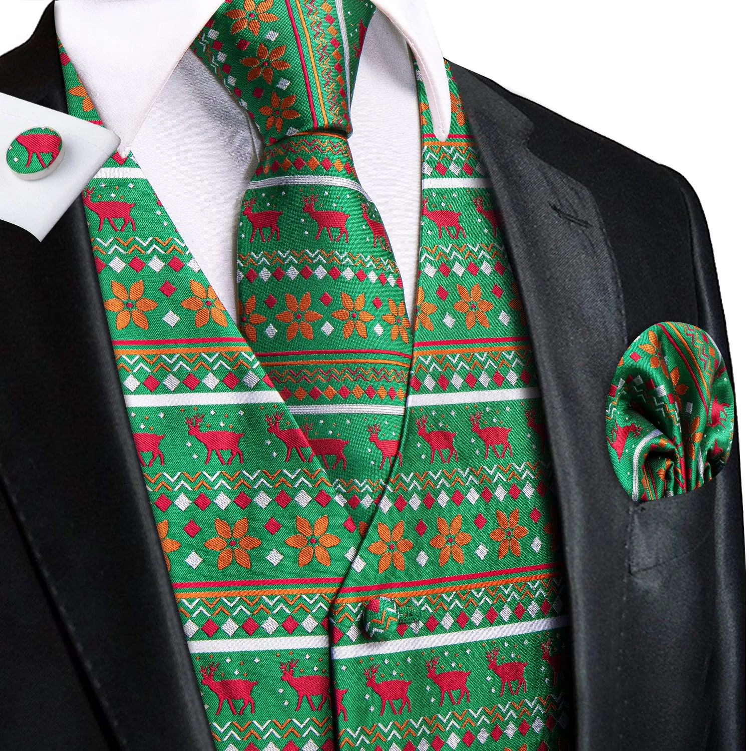 Green Orange Christmas Red Deer Novelty Jacquard Silk Men's Vest Hanky Cufflinks Tie Set sold by Ties2You