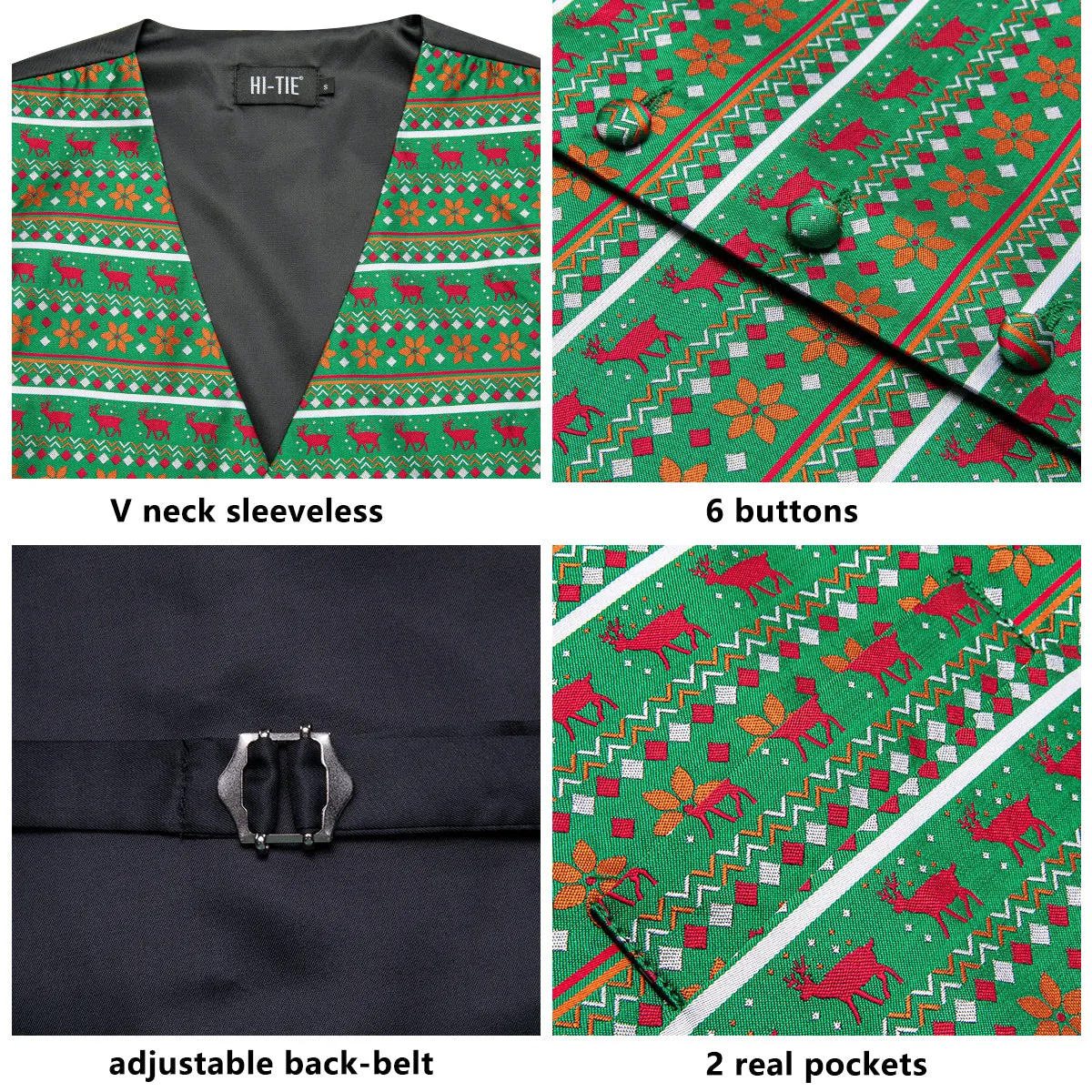Green Orange Christmas Red Deer Novelty Jacquard Silk Men's Vest Hanky Cufflinks Tie Set sold by Ties2You product image thumbnail 4