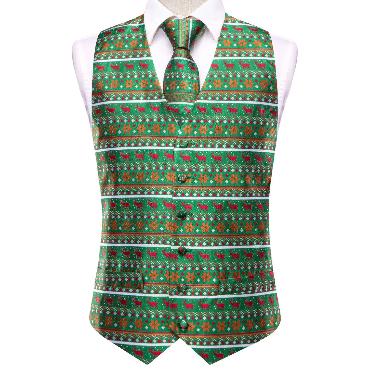 Green Orange Christmas Red Deer Novelty Jacquard Silk Men's Vest Hanky Cufflinks Tie Set sold by Ties2You product image thumbnail 2